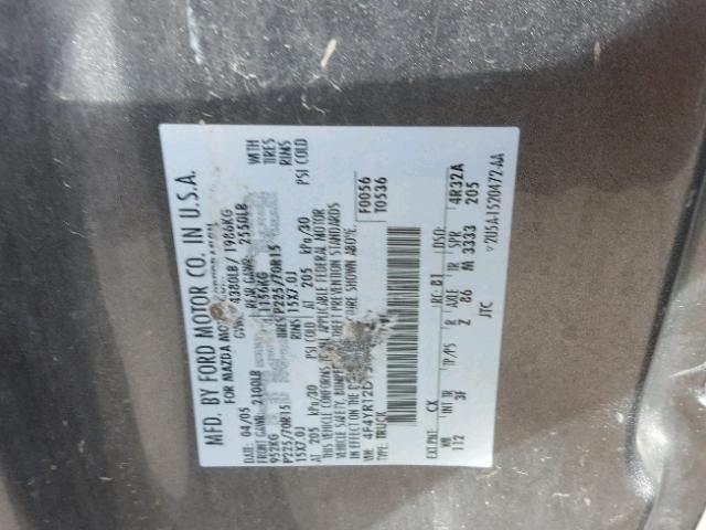 4F4YR12D15PM06714 - 2005 MAZDA B2300 GRAY photo 10