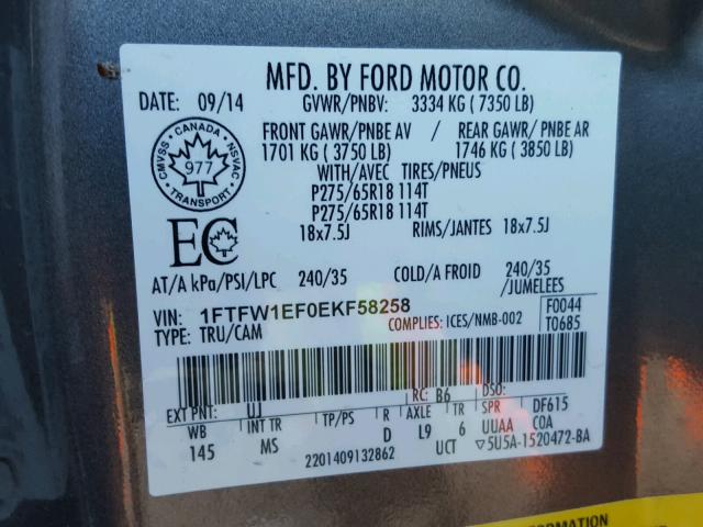 1FTFW1EF0EKF58258 - 2014 FORD F150 SUPER GRAY photo 10