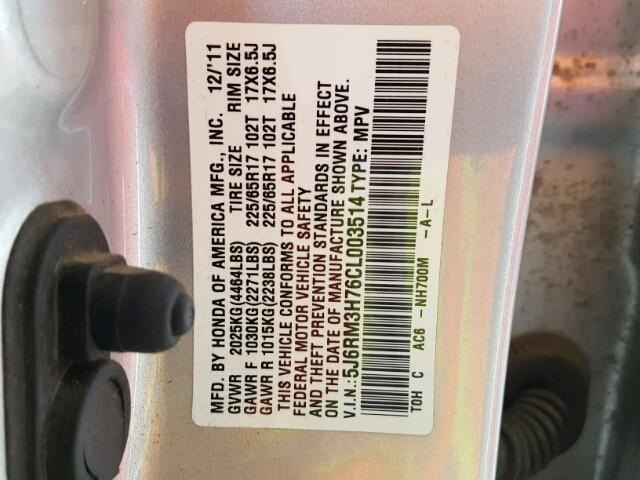 5J6RM3H76CL003514 - 2012 HONDA CR-V EXL 银色 照片 10