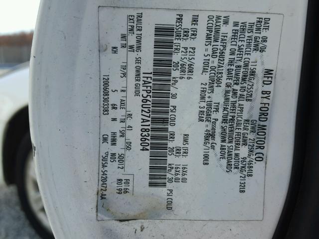 1FAFP56U27A183604 - 2007 FORD TAURUS SEL WHITE photo 10