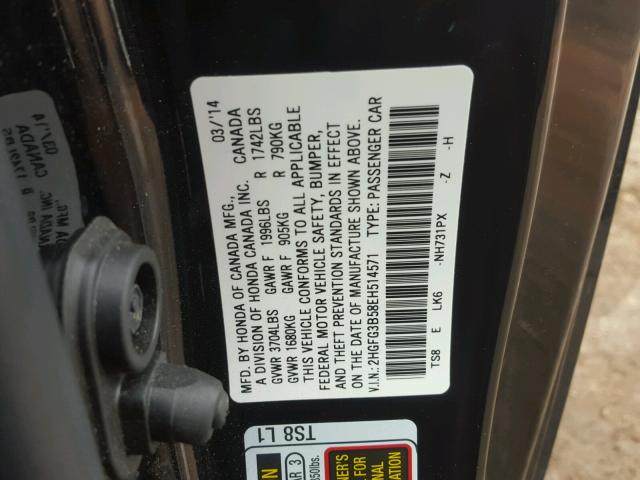 2HGFG3B58EH514571 - 2014 HONDA CIVIC LX BLACK photo 10