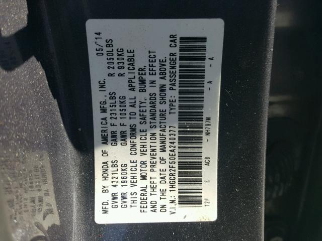 1HGCR2F50EA240377 - 2014 HONDA ACCORD SPO GRAY photo 10