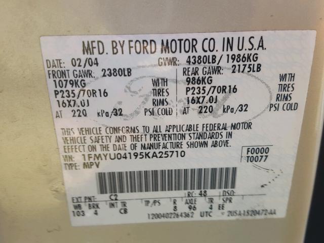 1FMYU04195KA25710 - 2005 FORD ESCAPE LIM GOLD photo 10