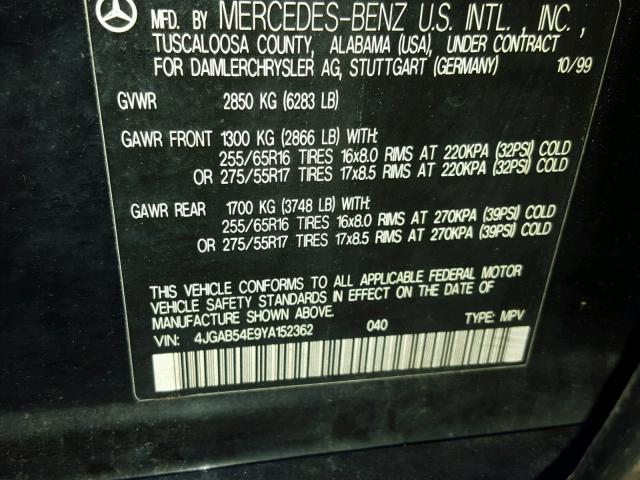 4JGAB54E9YA152362 - 2000 MERCEDES-BENZ ML320 BLACK photo 10