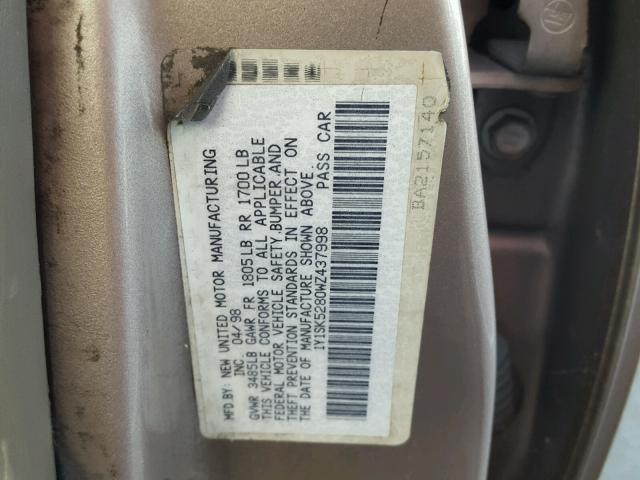 1Y1SK5280WZ437998 - 1998 CHEVROLET GEO PRIZM 银色 照片 10