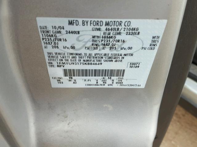 1FMYU93175KB84649 - 2005 FORD ESCAPE XLT SILVER photo 10