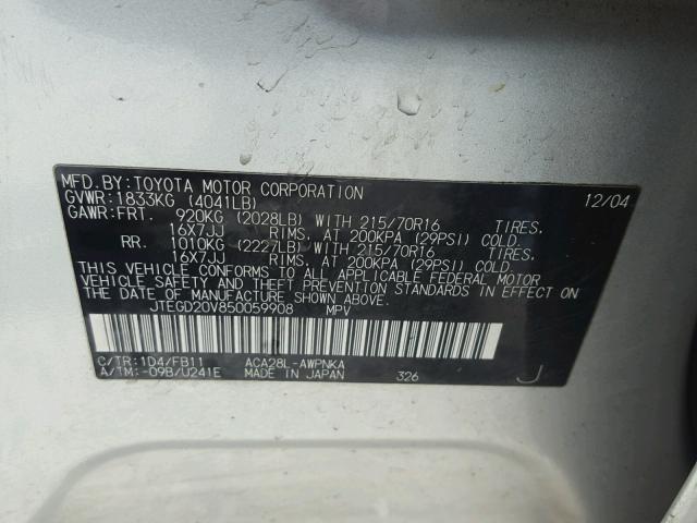 JTEGD20V850059908 - 2005 TOYOTA RAV4 SILVER photo 10