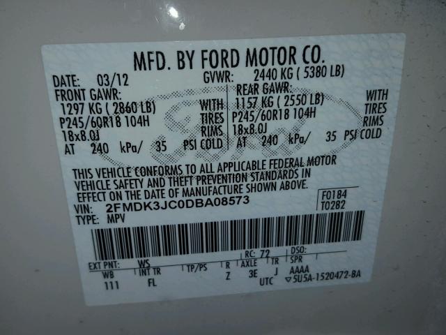 2FMDK3JC0DBA08573 - 2013 FORD EDGE SEL WHITE photo 10