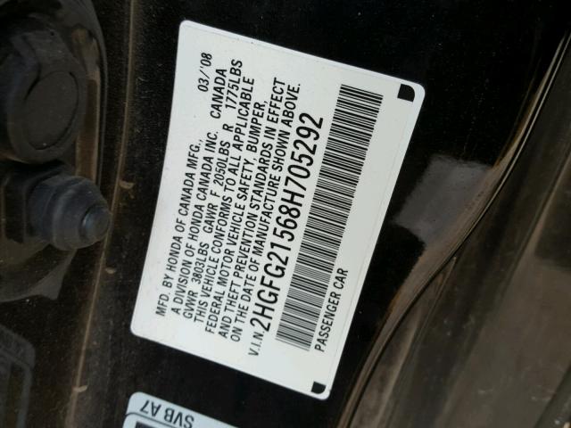 2HGFG21568H705292 - 2008 HONDA CIVIC SI BLACK photo 10