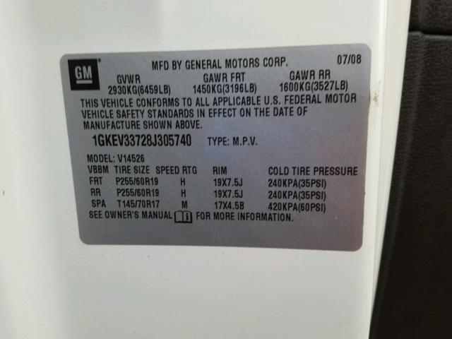 1GKEV33728J305740 - 2008 GMC ACADIA SLT თეთრი ფოტო 10