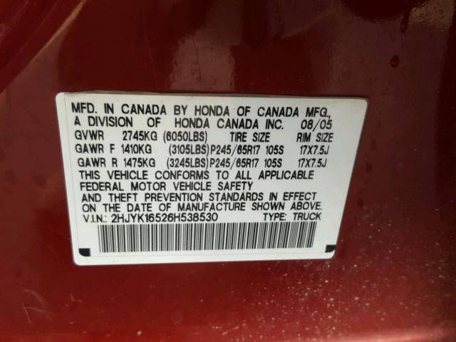 2HJYK16526H538530 - 2006 HONDA RIDGELINE RED photo 10