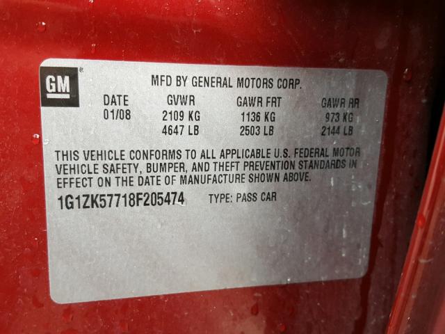 1G1ZK57718F205474 - 2008 CHEVROLET MALIBU LTZ 勃艮第红 照片 10