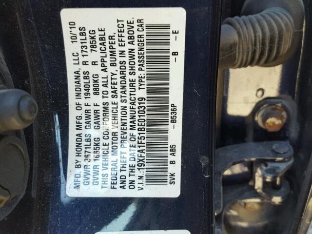 19XFA1F51BE010319 - 2011 HONDA CIVIC LX BLUE photo 10