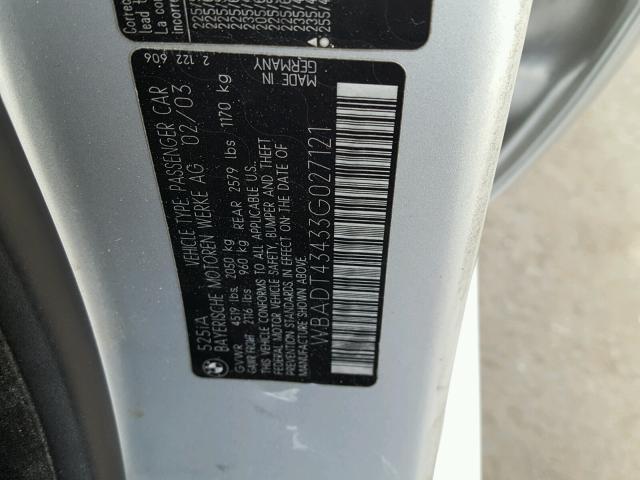 WBADT43433G027121 - 2003 BMW 525 I AUTO SILVER photo 10