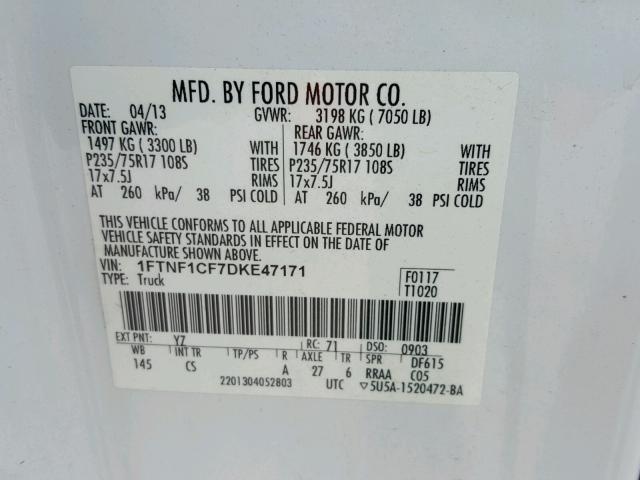 1FTNF1CF7DKE47171 - 2013 FORD F150 WHITE photo 10