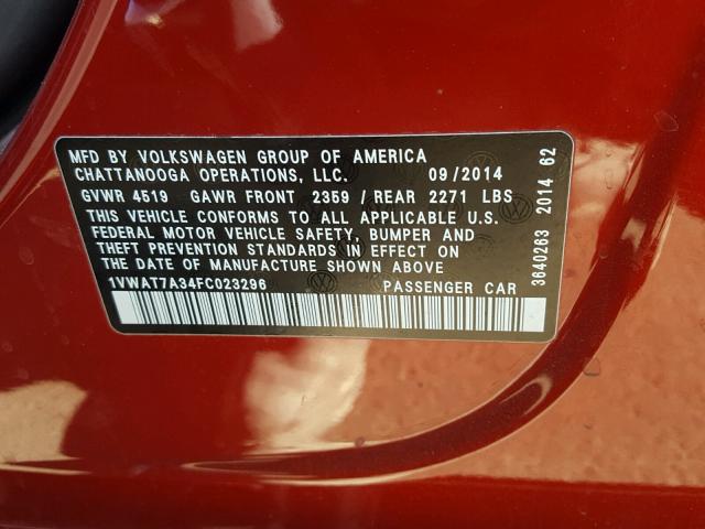 1VWAT7A34FC023296 - 2015 VOLKSWAGEN PASSAT S წითელი ფოტო 10