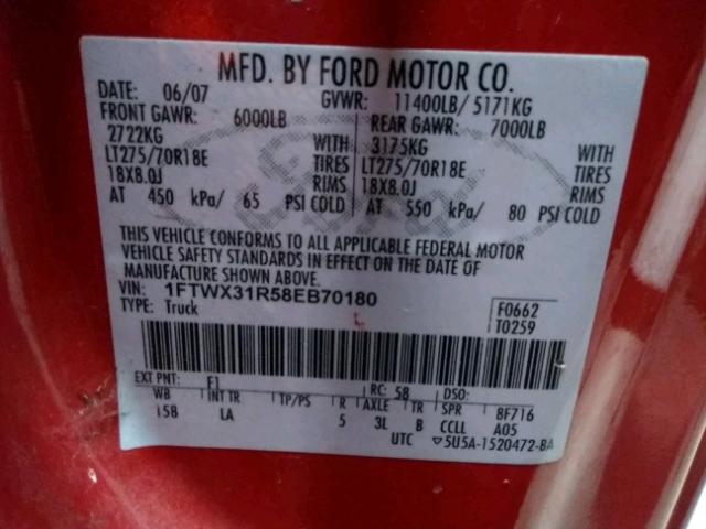 1FTWX31R58EB70180 - 2008 FORD F350 SRW S RED photo 10