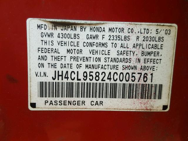 JH4CL95824C005761 - 2004 ACURA TSX RED photo 10