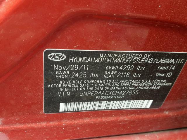 5NPEB4ACXCH427855 - 2012 HYUNDAI SONATA GLS RED photo 10