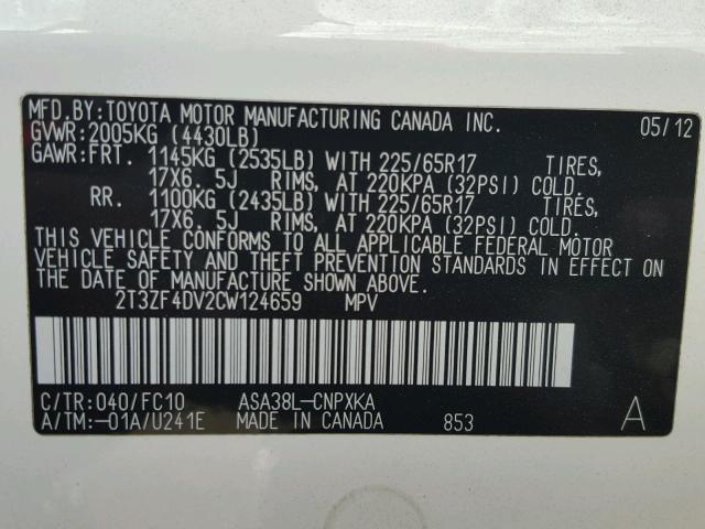 2T3ZF4DV2CW124659 - 2012 TOYOTA RAV4 白色 照片 10