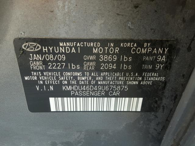 KMHDU46D49U675875 - 2009 HYUNDAI ELANTRA GL CHARCOAL photo 10