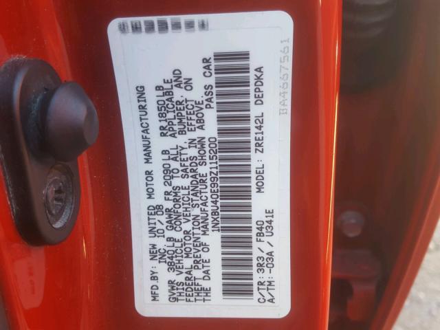 1NXBU40E99Z115200 - 2009 TOYOTA COROLLA BA RED photo 10