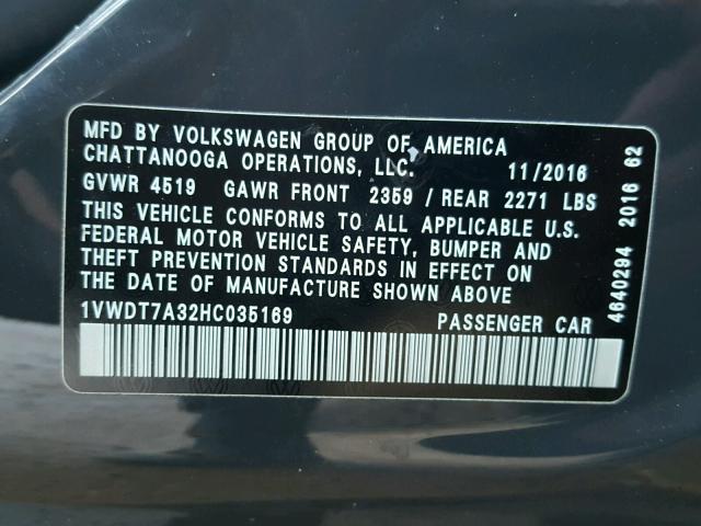 1VWDT7A32HC035169 - 2017 VOLKSWAGEN PASSAT R-L 灰色 照片 10