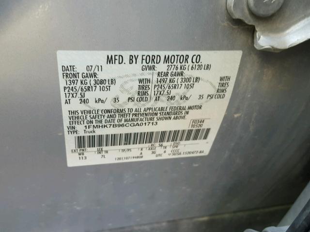 1FMHK7B96CGA01713 - 2012 FORD EXPLORER SILVER photo 10