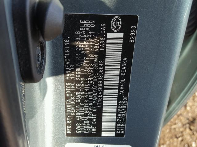 4T1BE46K89U896642 - 2009 TOYOTA CAMRY BASE GREEN photo 10