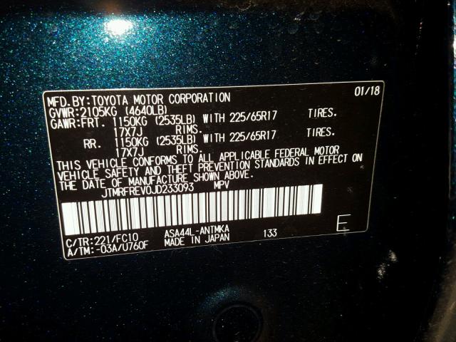 JTMRFREV0JD233093 - 2018 TOYOTA RAV4 ADVEN TURQUOISE photo 10