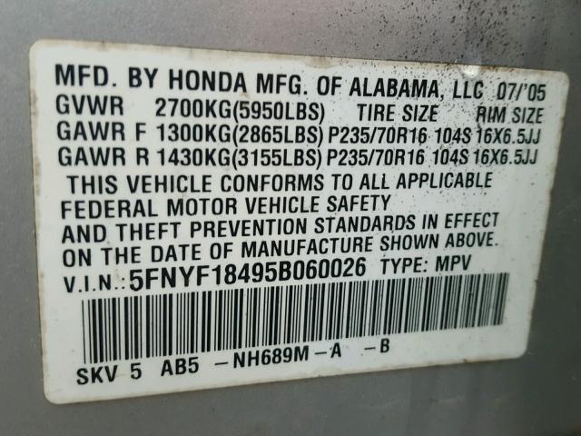 5FNYF18495B060026 - 2005 HONDA PILOT SILVER photo 10