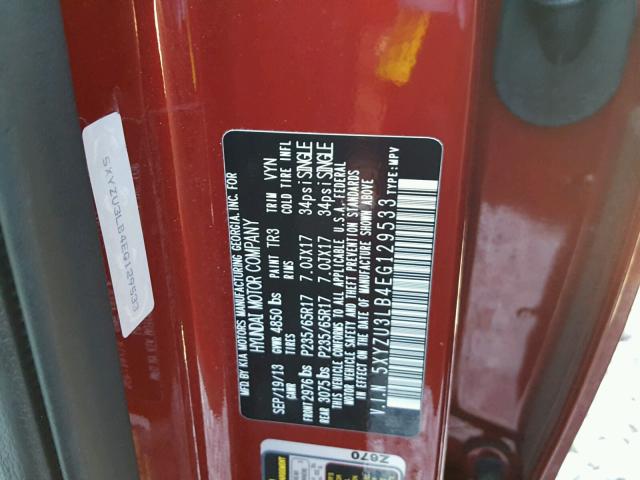 5XYZU3LB4EG129533 - 2014 HYUNDAI SANTA FE S 勃艮第红 照片 10