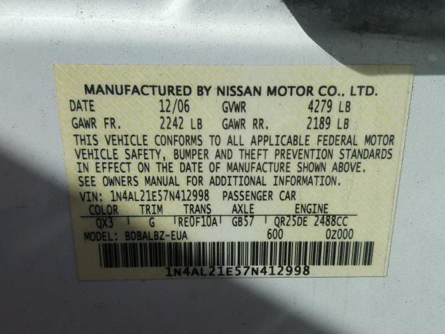 1N4AL21E57N412998 - 2007 NISSAN ALTIMA 2.5 WHITE photo 10