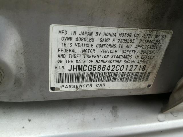 JHMCG56642C012718 - 2002 HONDA ACCORD EX SILVER photo 10