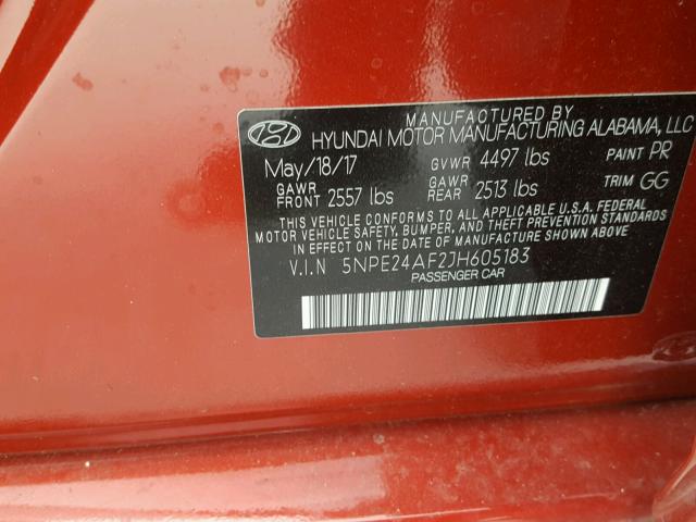 5NPE24AF2JH605183 - 2018 HYUNDAI SONATA SE RED photo 10