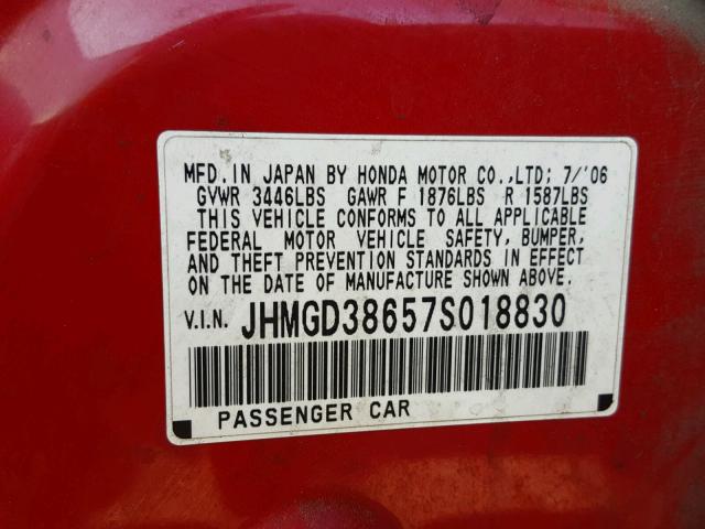 JHMGD38657S018830 - 2007 HONDA FIT S წითელი ფოტო 10
