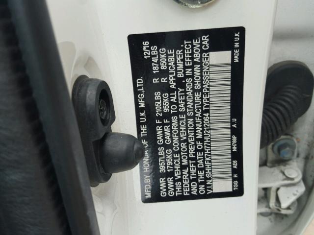 SHHFK7H77HU212064 - 2017 HONDA CIVIC EXL 白色 照片 10