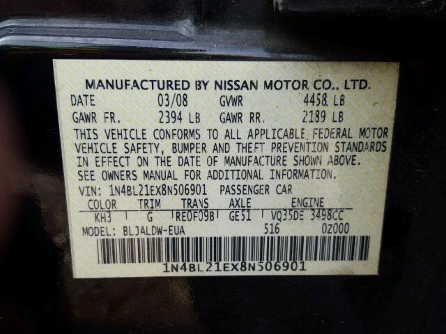 1N4BL21EX8N506901 - 2008 NISSAN ALTIMA BLACK photo 10