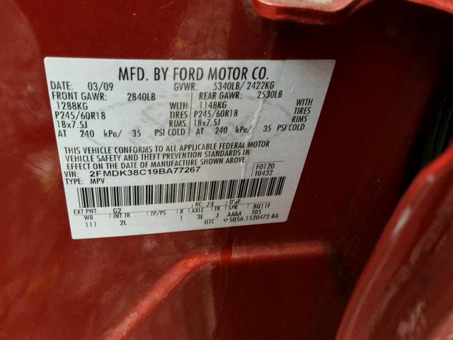 2FMDK38C19BA77267 - 2009 FORD EDGE SEL MAROON photo 10