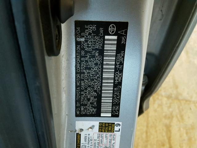 JTDKB22U340047530 - 2004 TOYOTA PRIUS SILVER photo 10