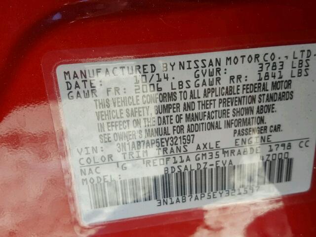 3N1AB7AP5EY321597 - 2014 NISSAN SENTRA S RED photo 10