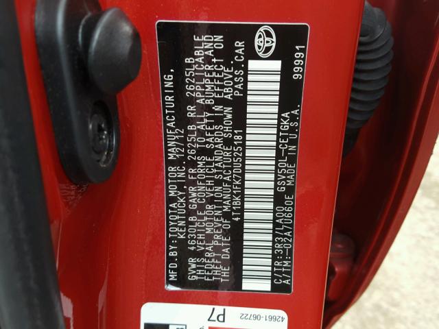 4T1BK1FK7DU525181 - 2013 TOYOTA CAMRY SE RED photo 10