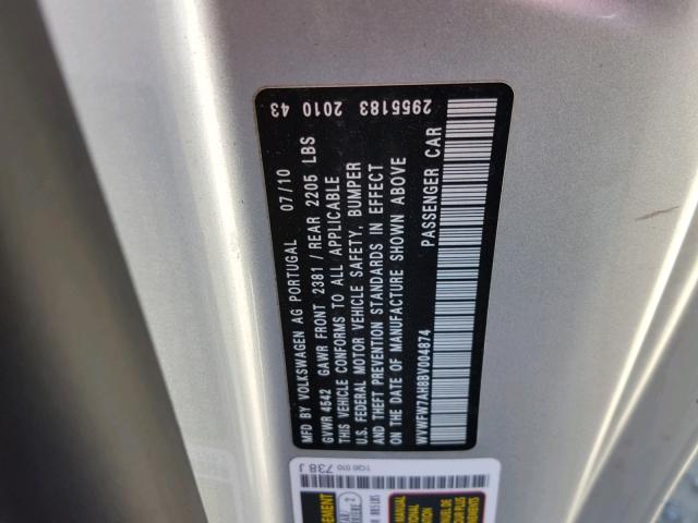 WVWFW7AH8BV004874 - 2011 VOLKSWAGEN EOS LUX Серебристый фото 10