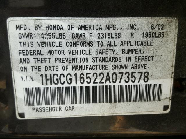 1HGCG16522A073578 - 2002 HONDA ACCORD EX BLACK photo 10