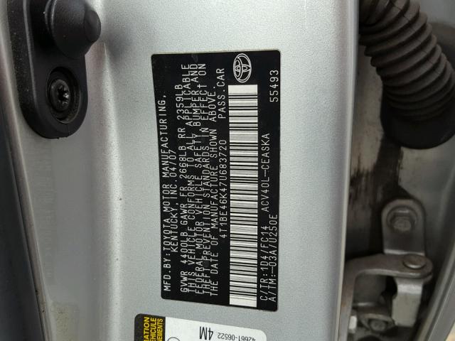 4T1BE46K47U683720 - 2007 TOYOTA CAMRY NEW SILVER photo 10