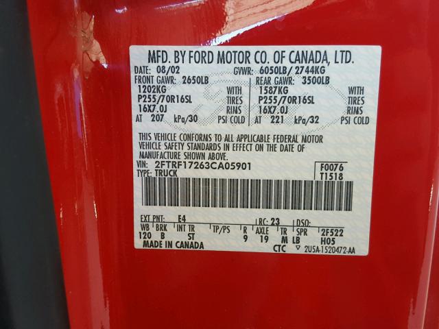 2FTRF17263CA05901 - 2003 FORD F150 RED photo 10