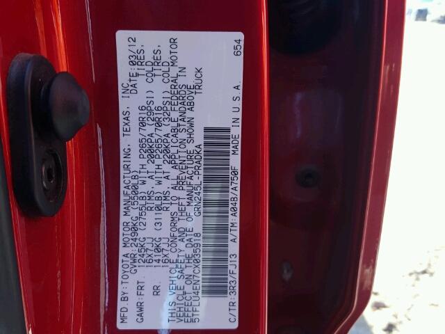 5TFLU4EN7CX035918 - 2012 TOYOTA TACOMA DOU RED photo 10