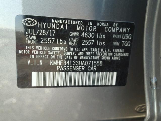 KMHE34L33HA071558 - 2017 HYUNDAI SONATA HYB CHARCOAL photo 10