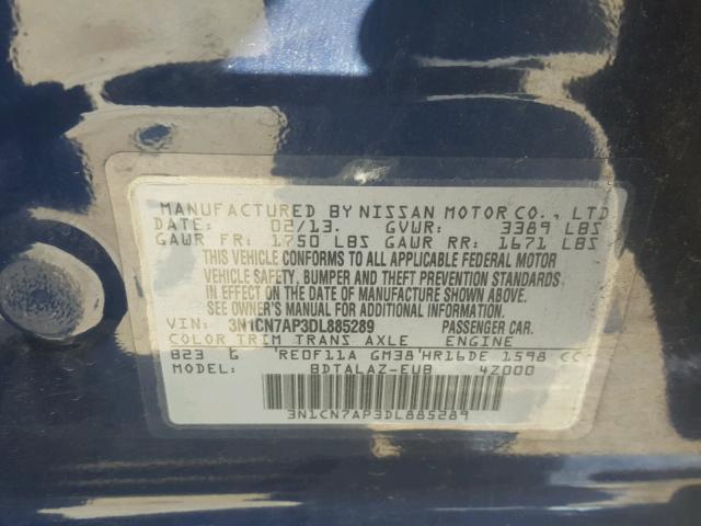 3N1CN7AP3DL885289 - 2013 NISSAN VERSA S BLUE photo 10