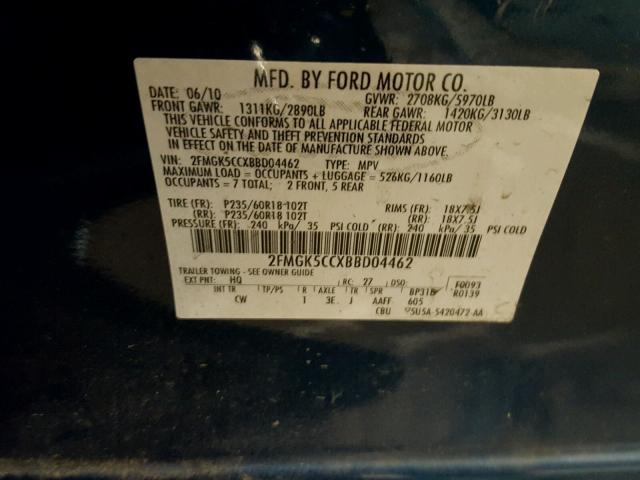 2FMGK5CCXBBD04462 - 2011 FORD FLEX SEL Dəniz mavisi foto 10